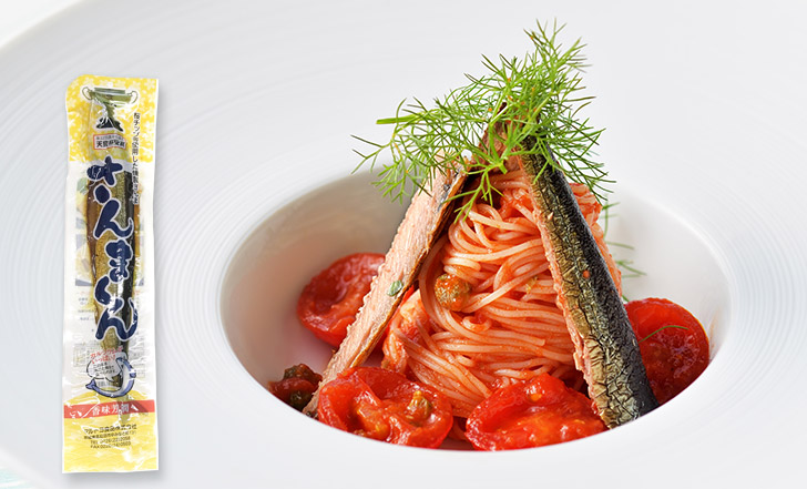 Spagetti freddi con sugo di pomodoro e samma （さんまくんのトマトソース冷製パスタ）いろはレシピ#68
